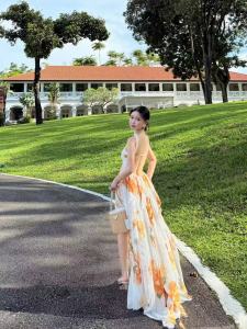 Dopamine Holiday French Style Dress Strapless Printed Maxi Skirt Atmosphere Sensation Beach Vacation Wind Womens Gown