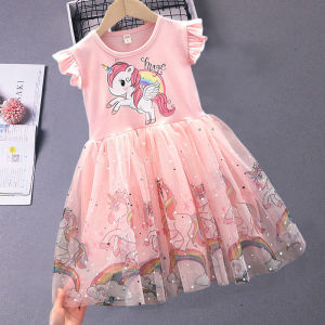 ชุดเดรสผ้าฝ้ายทรงเอแขนสั้นสำหรับเด็กผู้หญิง ชุดเจ้าหญิงฤดูร้อน ชุดเดรสผ้าตาข่ายสีรุ้ง ชุดเด็กผู้หญิงวันเกิด ชุดเด็กผู้หญิง