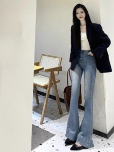 High Waist Extended Length Bell Bottom Jeans Womens Spring Autumn Slim Fit Floor Length Horse Hoof Pants Wide Leg Trousers