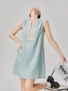 GULILI | Blue Linen V-Neck Sleeveless Slim Fit Dress