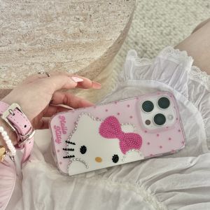 Sanrio | Rhinestone Bling Crystal Hello Kitty Polka Dot Phone Case For iPhone 16 12 13 14 15Pro Max Transparent Bumper Cover With Pendant