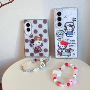 Sanrio | Ốp Điện Thoại Hello Kitty Hoạt Hình Màu Nâu Chấm Bi Họa Tiết Mực Bắn Chống Sốc Kèm Móc Treo Dành Cho Samsung Z Fold 8 Ultra 6 5 4