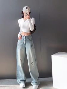 Celana jeans high waist wanita gaya korea jeans lurus kasual celana jins lebar antik