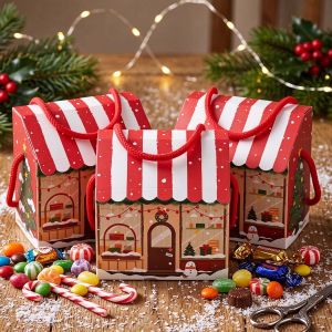 10Pcs House Shaped Small Christmas Gift Box Fancy Treat Cookie Dessert Bakery Box for Party Goodies Gift Giving Candy Packaging Box