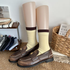 Thickened Winter Mid-Calf Socks Womens Color Block No-Cuff Cotton Bulk Socks for Small Leather Shoes Grey Contrast Color