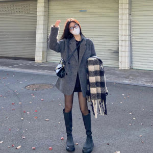 Gray Woolen Coat Womens Short Thickened Autumn Winter High-End Feel Suit Woolen Coat Korean Style Loose Fit Long Sleeve