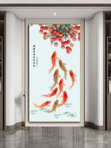 Modern Simplified Chinese Entrance Decorative Painting Large Success Carp Vertical Hanging Artwork Metal Framed Oil Canvas