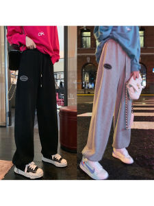 กางเกงกีฬาทรงหลวมเอวสูงสำหรับผู้หญิงไซส์ใหญ่ กางเกงขายาวทรงตรง ผ้าขนแกะ ฤดูใบไม้ร่วง/ฤดูหนาว กางเกงวอร์มลำลอง