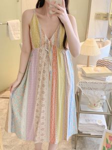 Summer Thin Cotton Silk Womens Sleepwear with Chest Pad Strap Home Clothes Sweet Can Be Worn outside Mid-Length Dress