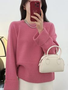 เสื้อสเวตเตอร์ถักหนาสีแดงสำหรับผู้หญิง เสื้อชั้นในทรงหลวมสไตล์ฝรั่งเศสย้อนยุค แขนยาว ปกกลม สไตล์ลำลอง ฤดูใบไม้ร่วง/ฤดูหนาว