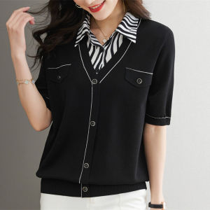 Plus Size Ladies Summer Plus Size Ice Silk Blouse Collar Fake Two-Piece Tops plus Size 100.00kg Loose Mulberry Silk Short Sleeve T-Shirt Female