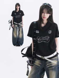 zuocisankon | Vintage Multi-color Print Hollow Stripe Short Sleeve V-neck Jersey Tshirt