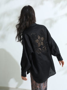 Miccbeirn | Elegant Embroidered Long Sleeve Linen Shirt Casual Hollow Out Simple Commute Style Womens Top Lazy Fashion Versatile Commute Casual