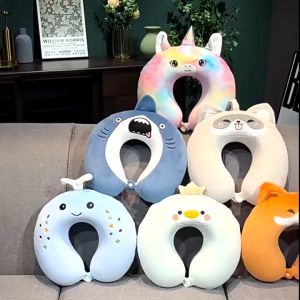 Cute Foam U-shaped Neck Pillow U Shape with Button Car Neck Office Cute Plush Cervical Portable Travel Character Design Soft Spine Driving Student Nap