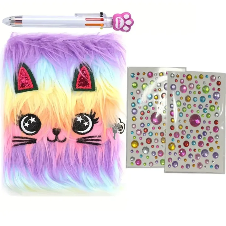 A5 Cute Plush Notepad Cartoon Cat Notebook Diary with Lock and Keys 160 ...