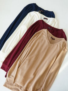 Áo Thun Dệt Kim Dài Tay Rộng Rãi Cổ Chữ V Cho Nữ Áo Thun Dài Tay Màu Trơn Đơn Giản Cho Nữ Cỡ Lớn Mặc Trong Nhà