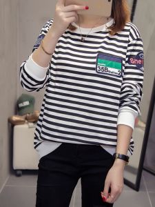 Plus Size Ladies plus Size Plus Size K-style Loose Bottoming Shirt Long Sleeves T-Shirt Womens Spring and Autumn Clothing 100.00kg Stripes Slim Looking Tops