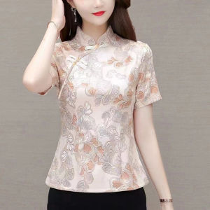 เสื้อเชิ้ตผู้หญิงสไตล์จีนโบราณปักลายฤดูร้อน ทรงสลิมฟิต แขนสั้น ผ้าโพลีเอสเตอร์ ทรงปกติ เสื้อเชิ้ตผู้หญิง