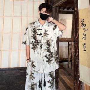 New Chinese Style Ice Silk Set Mens Summer Thin Shirt Short Sleeve Pants High-End Trendy Mens Casual Sportswear Ensemble