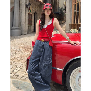 YUEZHONGWEI | Red Ice Silk Knitted Strap Vest Women Summer Outerwear Slim Fit Sleeveless Top Fashionable Design Casual Short Length