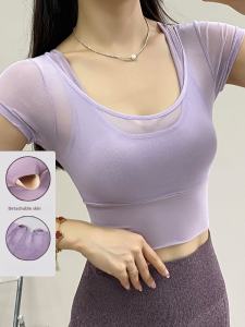 Womens Running Fitness Clothing Short Sleeve Yoga Suit with Chest Pad Beautiful Back Mesh Breathable Quick Dry Ultra Elastic
