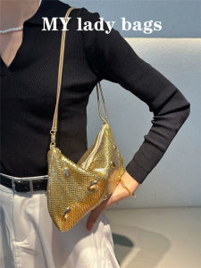 Spring 2025 New Style Womens Simple Shoulder Underarm Sequin Aluminum Rivet Design Gold Single Shoulder Armpit Bag