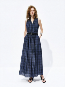 MO&Co. | Summer Lightweight Silk Cotton Blue and Black Check V-Neck High Waist Long Dress