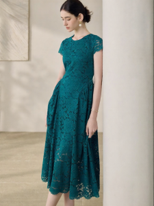 Roey s house | Elegant Heavy Lace Waist-Tightening A-Line Dress Peacock Green