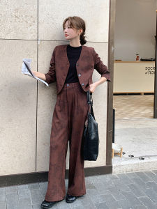 Ankgor Red Slimming Suit Set Womens Fashionable Wide Leg Pants Two Piece Set Autumn New Style V Neck Buttoning Polyester Fiber