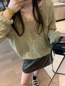 Green Gradient Mohair Knitting Tops Female Autumn and Winter Thin French Retro Lazy Casual V-neck Hollow out Sweater