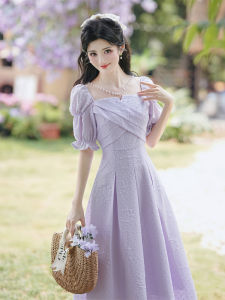 Summer Purple Dress Womens French Vintage Waist Cinching Super Fairy Tale High-End Feeling Gown Casual Style High Waist Bubble Sleeve Princess Dress for Wedding
