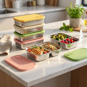 WORTHBUY | Portable Lunch Box Outdoor Picnic 1/2 Grids Large Capacity Fruit Salad Food Storage Container 304 Stainless Steel Bento Box