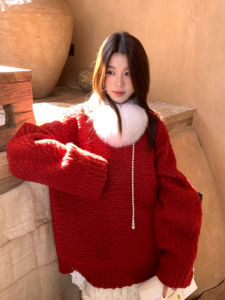 Christmas Theme Thickened Red Hooded Knitted Sweater Womens Autumn Winter Warm Lazy Style Mid-Length Top for Young Women