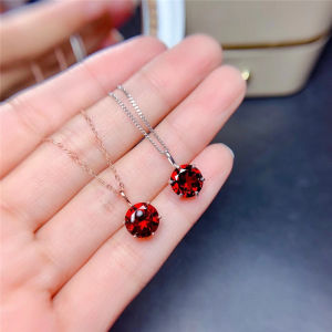 Keffini S925 Sterling Silver Natural Garnet Pendant Necklace Elegant Simple Red Gemstone Ring for Women Fashion Jewelry