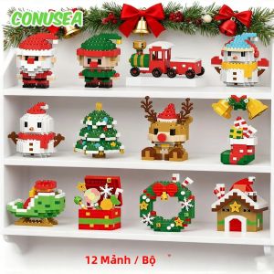 Bộ 12 Khối Xây Dựng Siêu Nhỏ - Ông Già Noel & Tuần Lộc Đồ Chơi Xếp Hình Tự Làm Trang Trí Bàn Giáng Sinh Dành Cho Mọi Lứa Tuổi