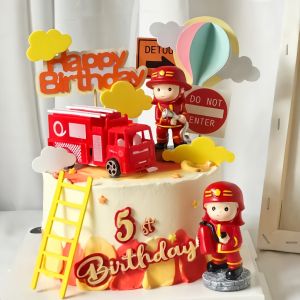 Firefighter Cake Decoration Display Boys Birthday Baking Accessories Fire Truck Toy Fire Department Themed Decorations