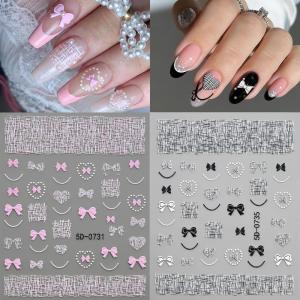 1/2Pc 5D Pink Black Knitting Bow Heart Nail Stickers Elegant French Pearl Chain Plaid Nails Decal Sweet Checkered Manicure Decor