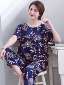 ชุดนอนผ้าไหมคอตตอนสำหรับผู้หญิงช่วงฤดูร้อน ชุดนอนสองชิ้น แขนสั้นบาง ผ้าไหมเทียม ชุดนอนฤดูร้อน ชุดนอนผู้หญิง