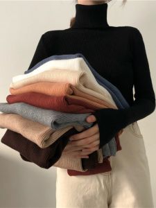 Slender Fitting Long Sleeve Pullover Turtleneck Sweater