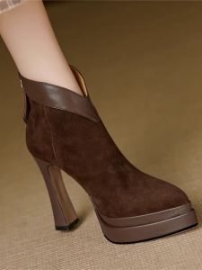 Comfortable Pointed Toe High Heel Boots Waterproof Platform Zipper Closure Brown V-Cut Suede Ankle Boots Fashionable Short Boots