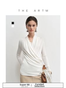 Wool Tencel Crossed Neck Long Sleeve Base Layer T-shirt Spring