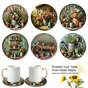 Set of 6 Round Wooden Coasters 2D Garden Floral Theme Heat Resistant Non-Slip Multifunctional Home Decor & Gift