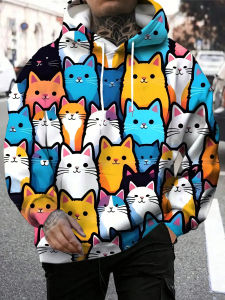 MenS 3D Cat Print Hooded Sweatshirt Colorful Cat Face Pattern Regular Fit Long Sleeve Pullover Gym Womens Hoodie Kids Hoodie