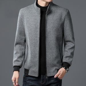 ROMON | แจ็คเก็ตผ้าขนสัตว์ผู้ชายฤดูใบไม้ร่วง/ฤดูหนาว Romon แจ็คเก็ตคอตั้งลำลองมีขนสัตว์ แจ็คเก็ตผู้ชายวัยกลางคน สไตล์พ่อ เสื้อคลุมกันหนาวแบบหนา