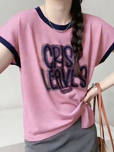 เสื้อยืดคอกลมแขนสั้นผ้าฝ้ายลายกระดูกไผ่บางสำหรับผู้หญิง ฤดูร้อน 2025 ดีไซน์ใหม่ เสื้อผ้าทำงานสไตล์เกาหลี ทรงหลวม สีพื้น