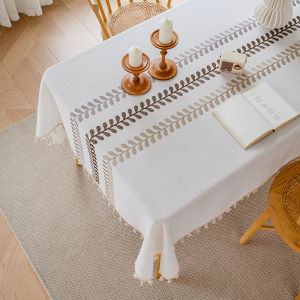 Rectangular Tablecloth Cotton Linen Waterproof Embroidered Dining Table Cover with Fringe
