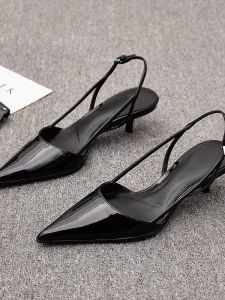 Black Pointed Toe Thin Heel Sandals Women Soft Patent Leather Spring Summer New French Simple Headed mid Heel Bent Heel Single Shoes