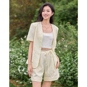 WANGGONGZHU | Princess Style Fashionable Commute Suit Set Women Summer New Loose Wide Leg Short Pants Two Piece Set V Neck Button Up Polyester Fiber