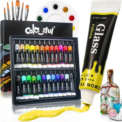Acrylic Glass Paint Set with 6 Brushes 1 Palette 12/24 Colors 12mlStain Glass Paints for Wine Glass Waterproof Acrylic Paint