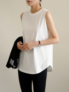 เสื้อกั๊กคอตตอนแท้สำหรับผู้หญิง แขนกุด ทรงหลวม สีขาว ใส่ในช่วงฤดูใบไม้ผลิและฤดูร้อน เสื้อเชิ้ตคอกลม ทรงหลวม เสื้อคลุมกันหนาว